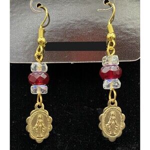 Handmade Miraculous Medal with AB Clear Glass & Red Glass Earrings by Neanie-Bot
